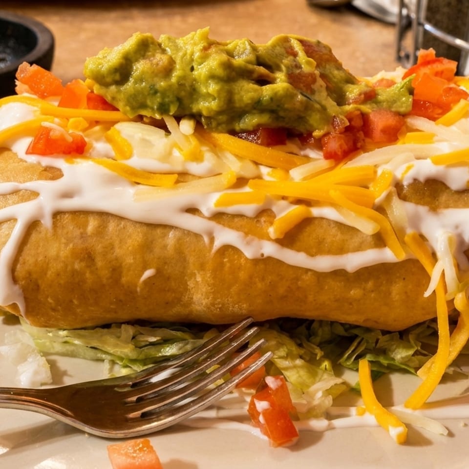 Golden fried burrito topped with guacamole, diced tomatoes, sour cream, and shredded cheese on a plate.