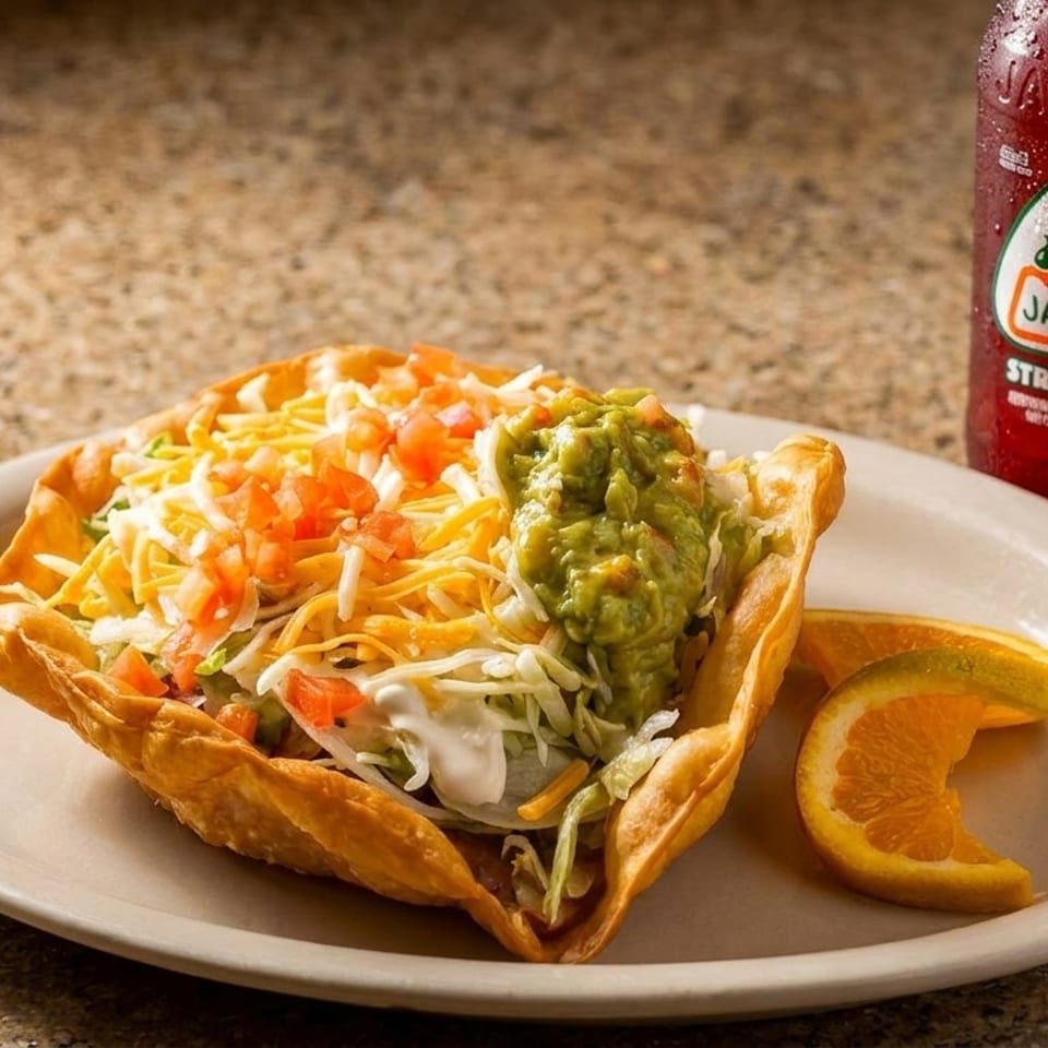 Crispy taco salad bowl topped with cheese, lettuce, tomatoes, sour cream, and guacamole, served with orange slices and strawberry Jarritos.