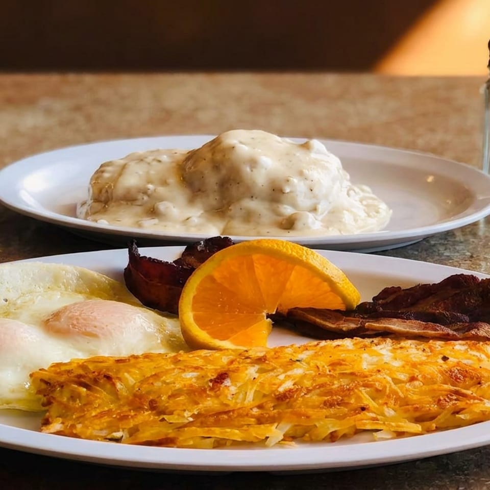 Breakfast platter with eggs, hash browns, bacon, orange slices, and biscuits with gravy, alongside hot sauce, salt, and pepper.
