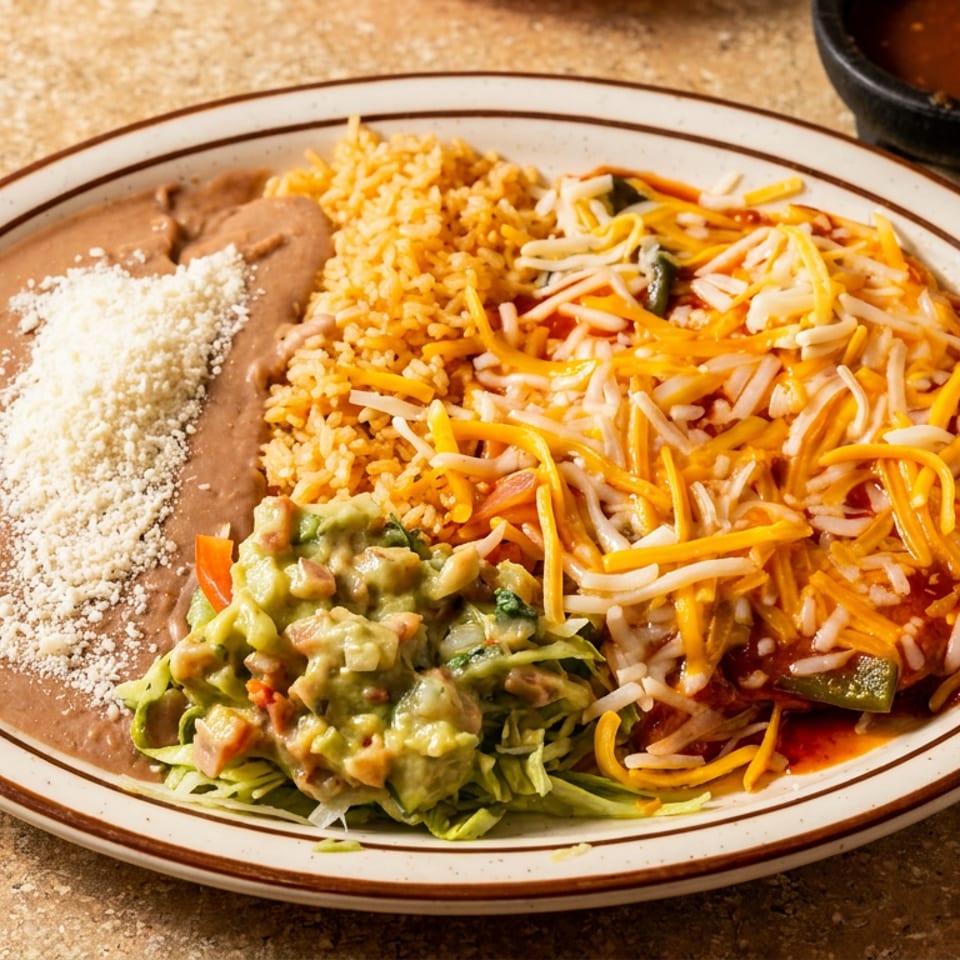 Mexican combination plate with refried beans, rice, cheese-topped enchiladas, guacamole, and red salsa.