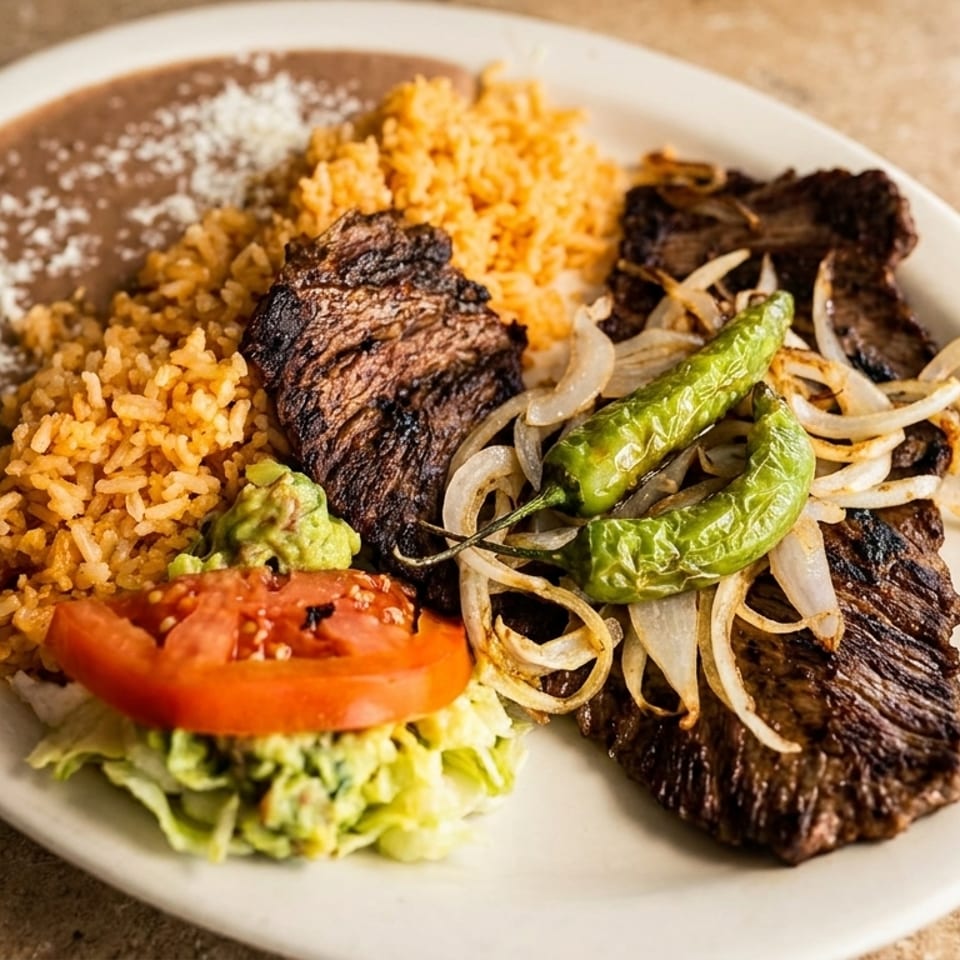Plate of grilled steak with sautéed onions and peppers, Mexican rice, refried beans, guacamole, and tomato.